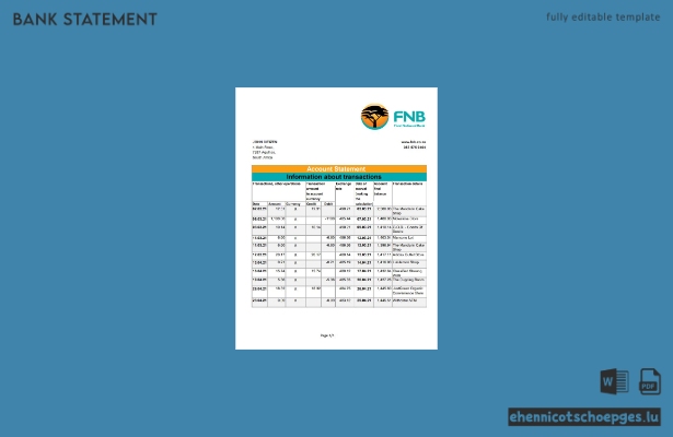 Beispiel für einen Kontoauszug der FNB in ​​Südafrika (Excel-Vorschau)